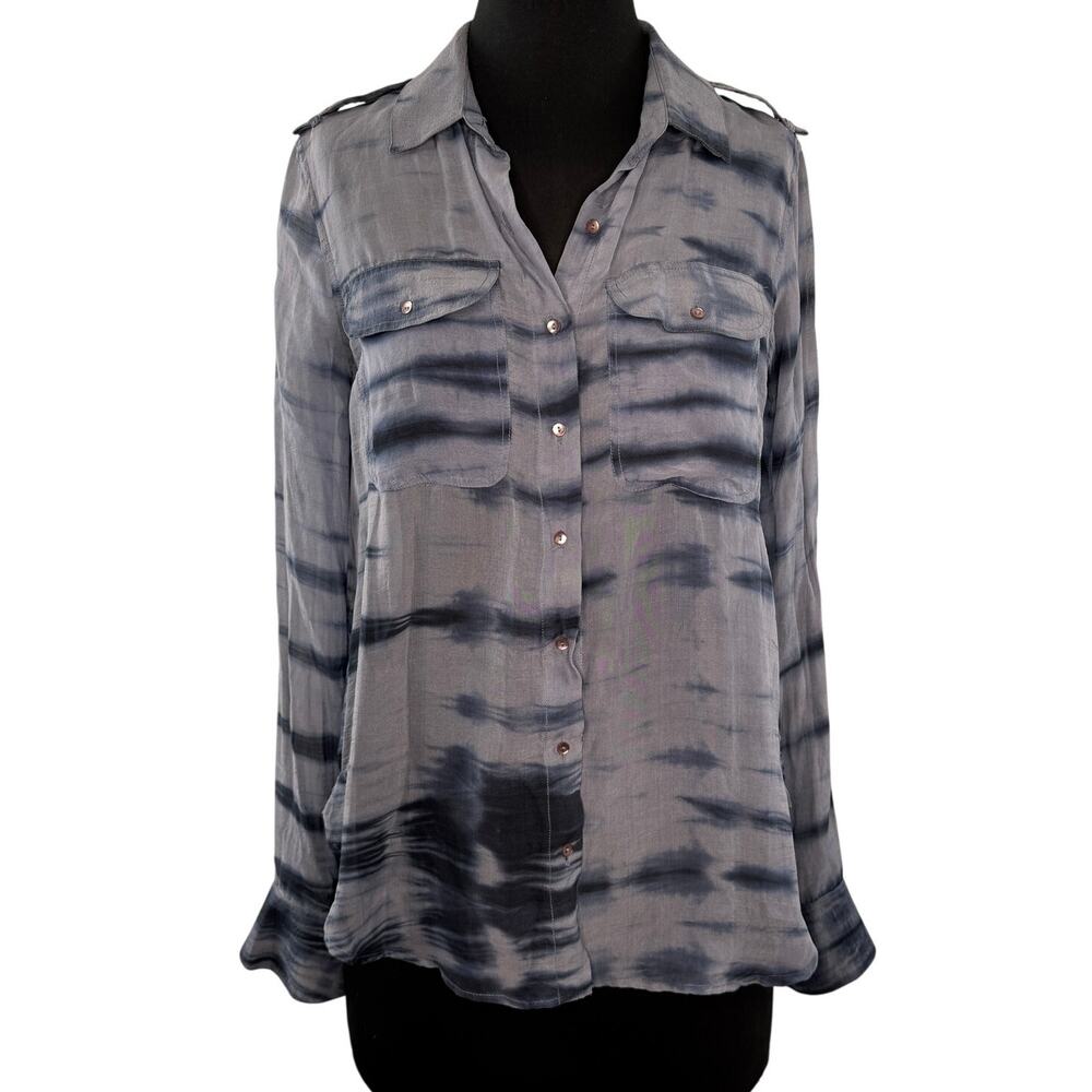 Chelsea Flower Blue Shirt Silk Tie-Dye Collared Curved Hem Button-Up Size Small